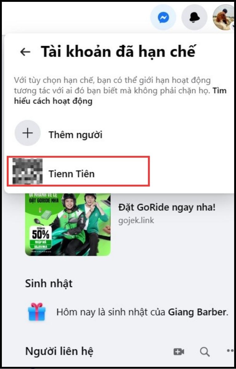 tìm và chọn tài khoản cần thực hiện cách mở hạn chế tin nhắn trên messenger