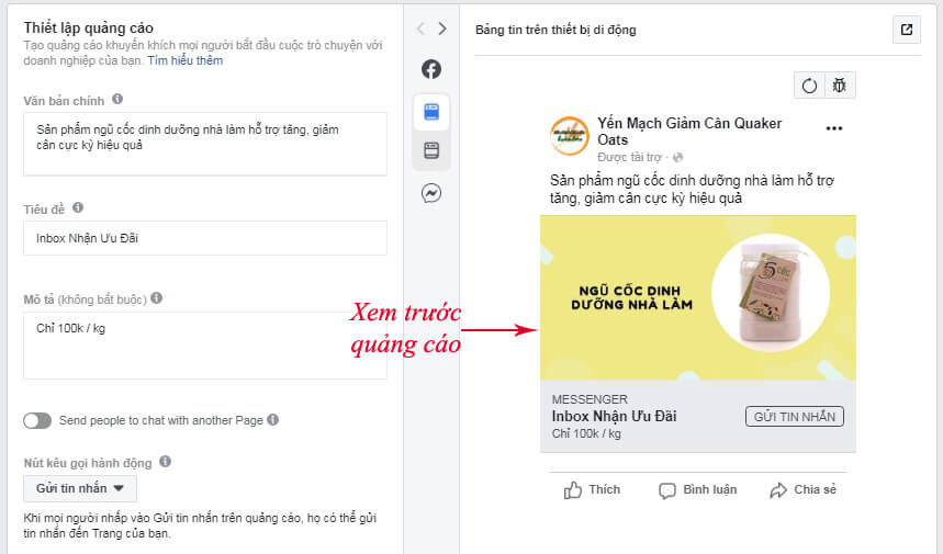 Thiết lập nội dung quảng cáo Messenger