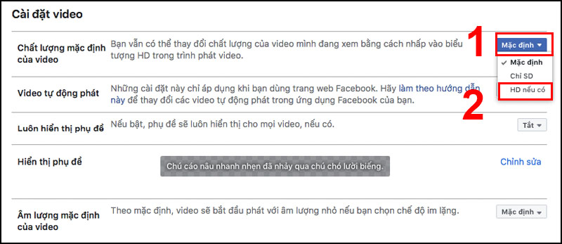 tùy chọn Mặc định và đổi sang HD (nếu có)