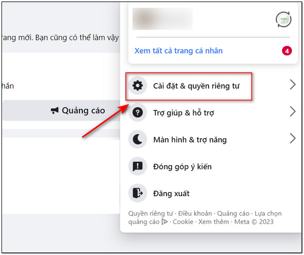 Chọn "Cài đặt & Quyền riêng tư" Sau khi nhấn vào biểu tượng tài khoản, bạn sẽ thấy một danh sách thả xuống